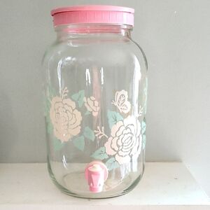 Floral Glass Beverage Dispenser with Pink Lid. Libby